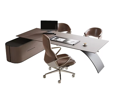 Modern Office Desk With Ergonomic Chairs Laptop Documents Coffee Cup And Storage Drawers 3d model