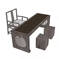 Traditional Chinese Wooden Tea Table And Chairs With Stools And Carved Design