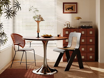 Dining Table Set With Wooden Round Top Modern Chairs Window Blinds Vase And Sideboard Cabinet 3d model