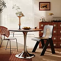 Dining Table Set With Wooden Round Top Modern Chairs Window Blinds Vase And Sideboard Cabinet