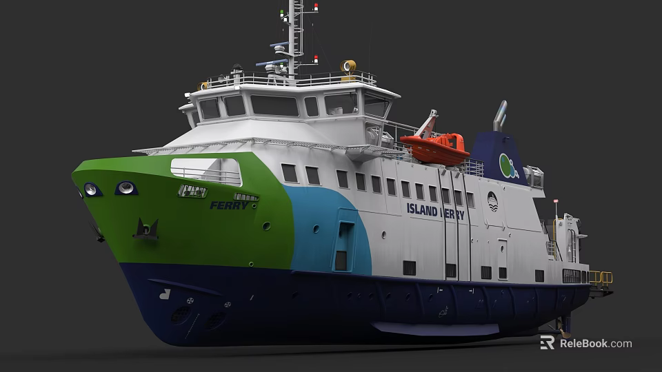 Island Ferry With Green White Blue Hull And Orange Lifeboat On Deck 3d model 