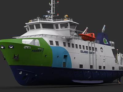 Island Ferry With Green White Blue Hull And Orange Lifeboat On Deck 3d model