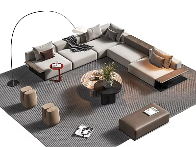 Modern L Shaped Sofa Coffee Table Set With Throw Pillows Blanket Plant And Floor Lamp 3d model
