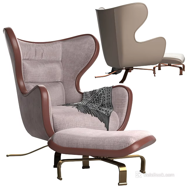 Modern Light Gray Single Sofa Featuring Brown Trim Metal Legs And Patterned Throw Blanket 3d model 