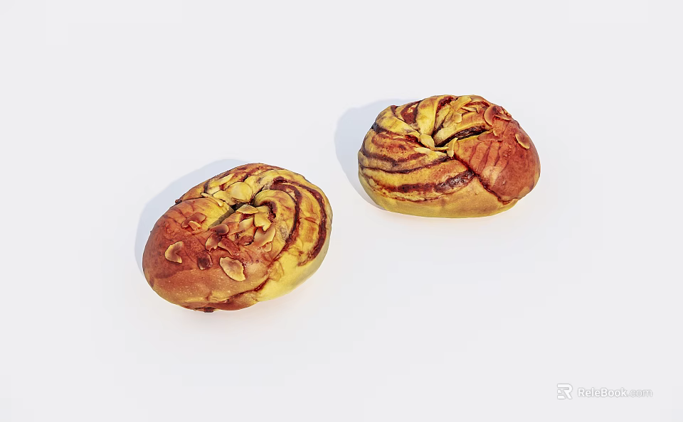 Two Golden Brown Swirled Bread Loaves With Almond Slices On White Background 3d model 
