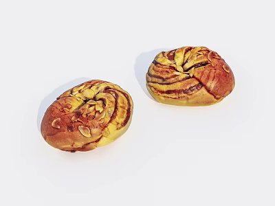 Two Golden Brown Swirled Bread Loaves With Almond Slices On White Background 3d model
