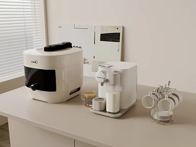 Modern White Kitchen Countertop With Kitchen Appliances Rice Cooker Water Dispenser And Cup Holder 3d model