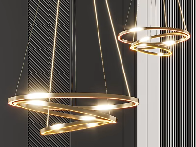 Modern Gold Circular Ring Chandelier Hanging In Minimalist Interior With Glowing Lights 3d model