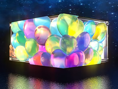 Interactive Zone With Colorful Shiny Balloons In Clear Display Case And Starry Sky 3d model