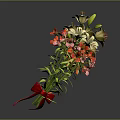 Bouquet of Red and Pink Flowers with Green Stems and Leaves and Red Ribbon