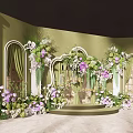 Elegant Floral Installation with Purple White Flowers Green Foliage Arched White Frames on Green Backdrop