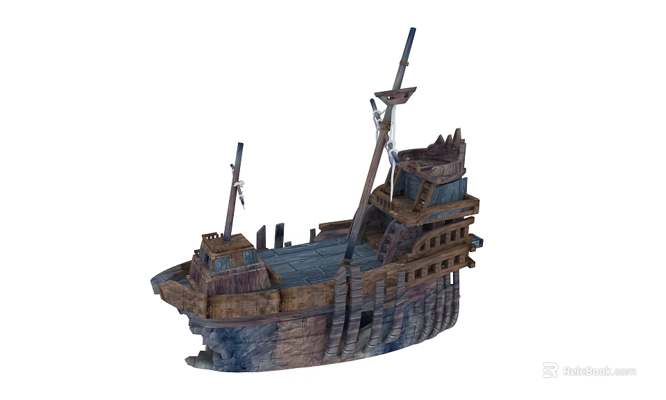 Vintage Wooden Ship Featuring Masts Weathered Deck And Upper Hull Structures 3d model 