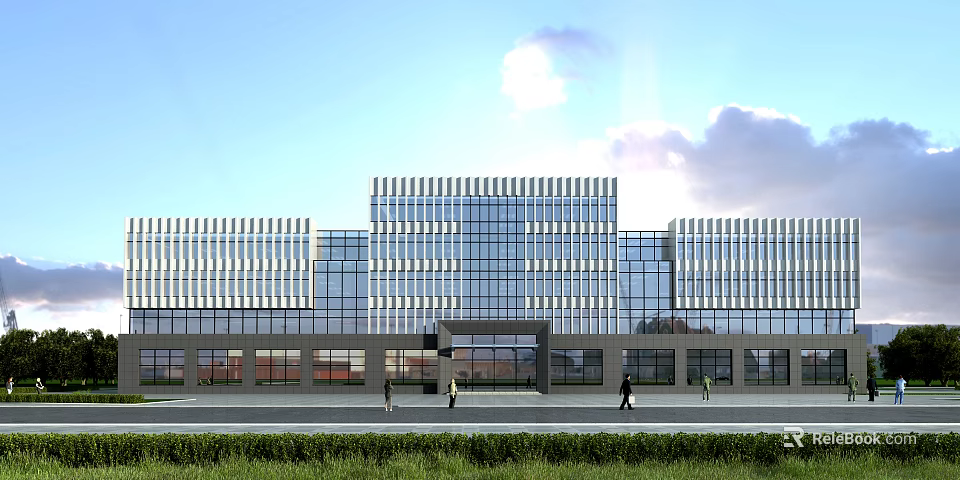 Modern Office Building With Glass Curtain Wall Striped Design And People Walking On Front Lawn 3d model 