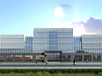 Modern Office Building With Glass Curtain Wall Striped Design And People Walking On Front Lawn 3d model