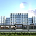Modern Office Building With Glass Curtain Wall Striped Design And People Walking On Front Lawn