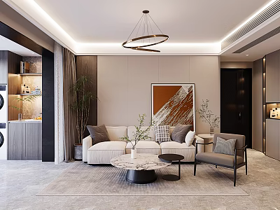 Elegant Modern Living Room Interior With Plush Sofa Marble Coffee Table And Natural Plant Decorations 3d model
