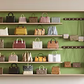 Stylish Handbags Display on Wooden Shelves with Green Backboard Featuring Various Styles and Multiple Colors