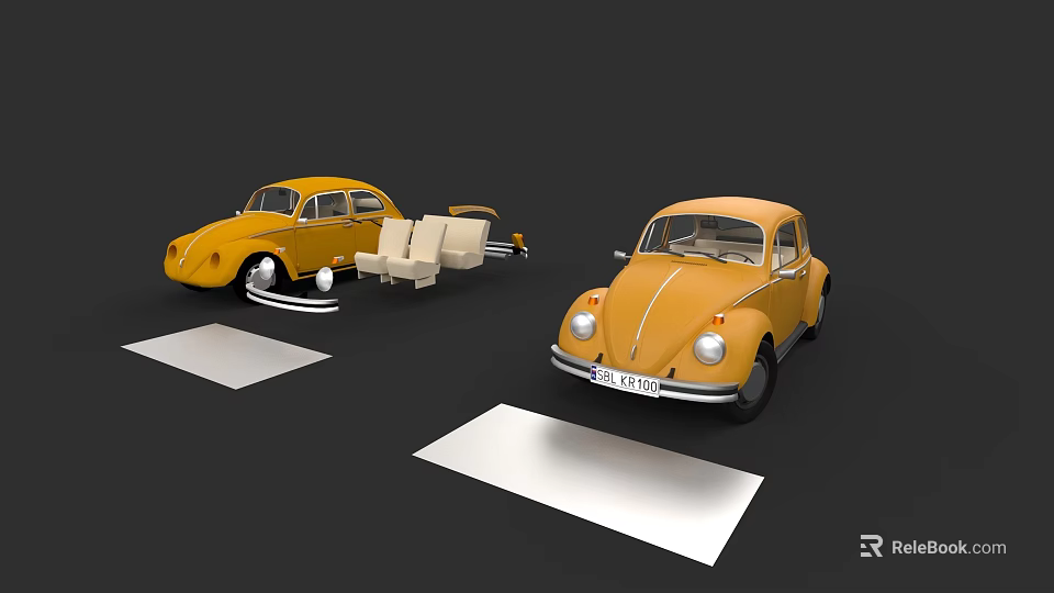 Yellow Classic Beetle Car With Disassembled Interior Parts On Display Platform 3d model 