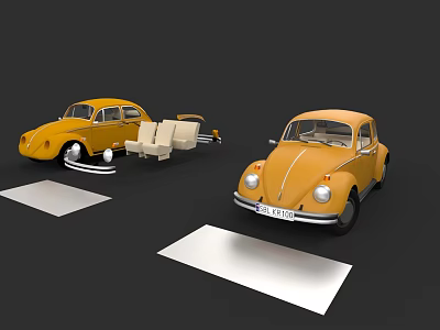 Yellow Classic Beetle Car With Disassembled Interior Parts On Display Platform 3d model