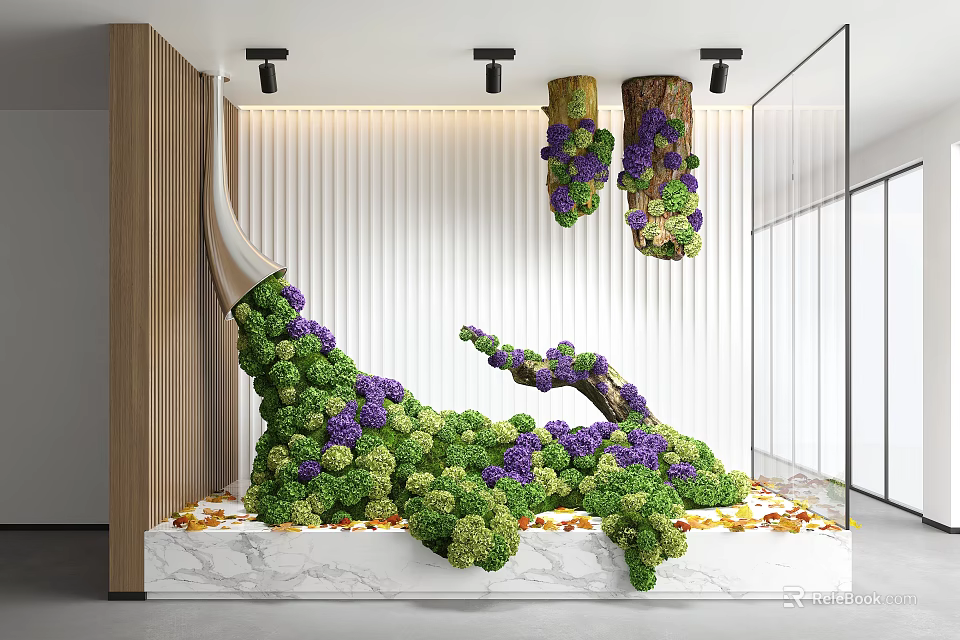 Indoor Landscape Featuring Sculptural Green and Purple Plants with Wooden Accents and Marble Base 3d model 