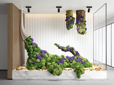 Indoor Landscape Featuring Sculptural Green and Purple Plants with Wooden Accents and Marble Base 3d model