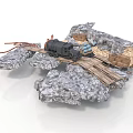 Modern Miniature Scene Featuring Rocks Wooden Bridge Black Vehicle And Crates