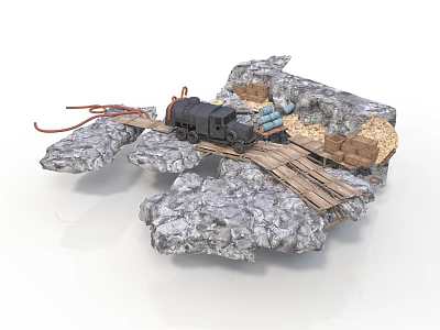 Modern Miniature Scene Featuring Rocks Wooden Bridge Black Vehicle And Crates 3d model