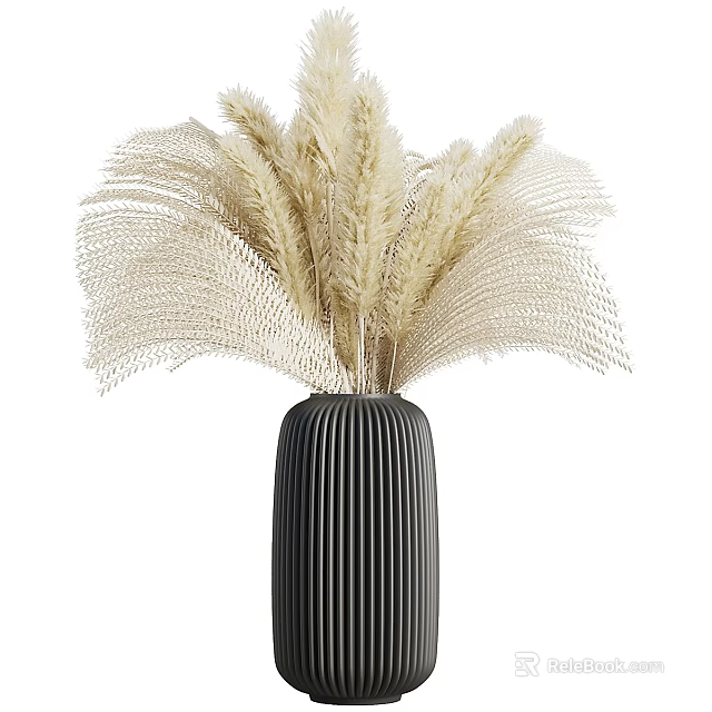 Black Vertical Striped Vase With Beige Dried Flowers Decorative 3d model 