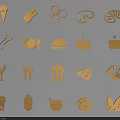Golden Food And Utensil Themed Wall Decor With Blue Background Icons