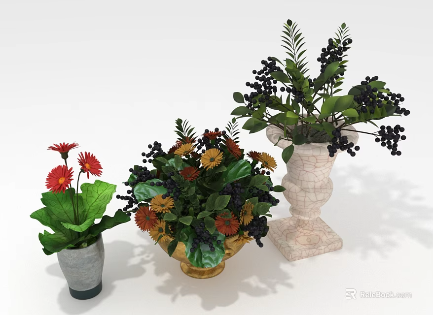 Colorful Potted Plants With Red Orange Yellow Flowers Dark Black Berries And Green Leaves 3d model 