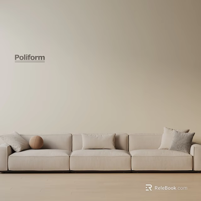 Poliform Beige Three Seater Sofa With Round And Square Pillows On Neutral Wall 3d model 