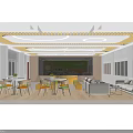 School Lounge Area With Wooden Walls Green Backdrop Round Ceiling Lights And Colorful Seating