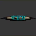 Ornate Ancient Weapon Featuring Blue Intricate Patterns Brown Long Handle And Top Ornament