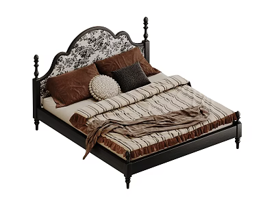 Elegant Double Bed with Black Frame Decorative Headboard Brown Beige Pillows and Striped Bedspread 3d model