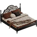 Elegant Double Bed with Black Frame Decorative Headboard Brown Beige Pillows and Striped Bedspread
