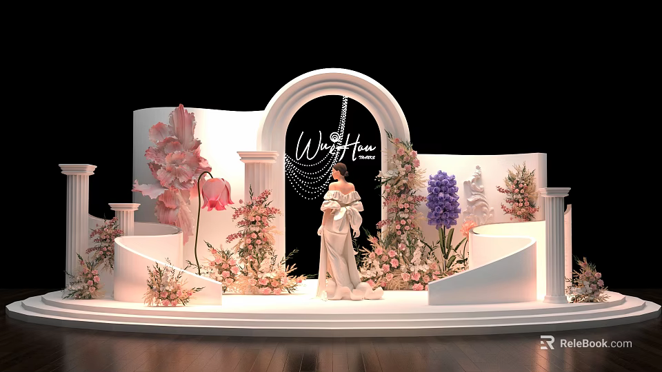 Stunning Check in Photo Spot With White Arch Wonderful Time Sign And Colorful Flowers Decor 3d model 