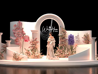 Stunning Check in Photo Spot With White Arch Wonderful Time Sign And Colorful Flowers Decor 3d model