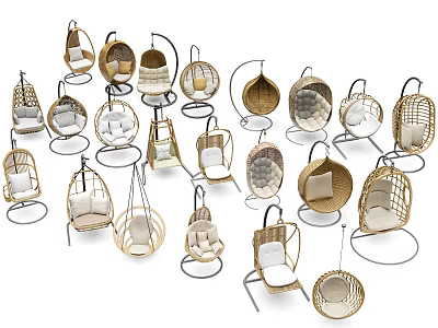 Various Stylish Hanging Chairs With Rattan Design Metal Frames And Cushions 3d model