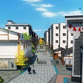 Traditional Chinese Commercial Street With Buildings Pedestrians Archway And Yellow Trees Under Sunny Sky