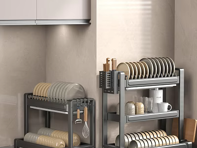 Modern Kitchen Metal Storage Rack With Dishes Bowls Cups Spice Jars And Whisk 3d model