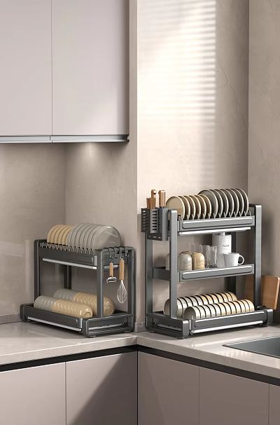 Modern Kitchen Metal Storage Rack With Dishes Bowls Cups Spice Jars And Whisk 3d model