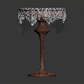Red Marble Round Table Furniture With Tall Pedestal Base And White Lace Fringed Tablecloth