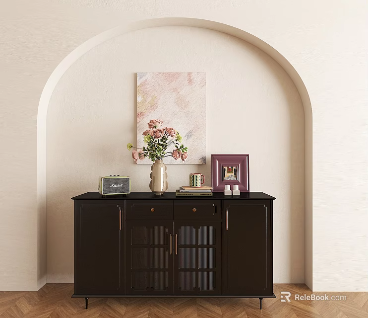 Elegant Console Table Under Arched Wall With Flower Vase Photo Frame And Wall Art 3d model