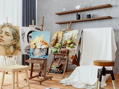 Art Studio Space with Easels Canvas Paintings and Musical Instruments on Shelves 3d model