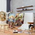 Art Studio Space with Easels Canvas Paintings and Musical Instruments on Shelves