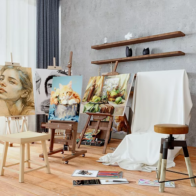 Art Studio Space with Easels Canvas Paintings and Musical Instruments on Shelves 3d model