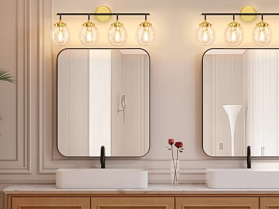 Elegant Bathroom Interior With Double Mirrors Gold Pendant Lights And Marble Vanity Sinks 3d model