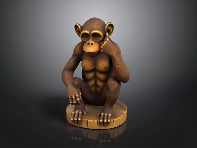 Wooden Monkey Statue Sitting With Hand On Chin And Muscular Torso On Base 3d model