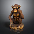 Wooden Monkey Statue Sitting With Hand On Chin And Muscular Torso On Base