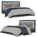 Kids Bed With Striped Headboard Blue And White Bedding And Patterned Pillows
